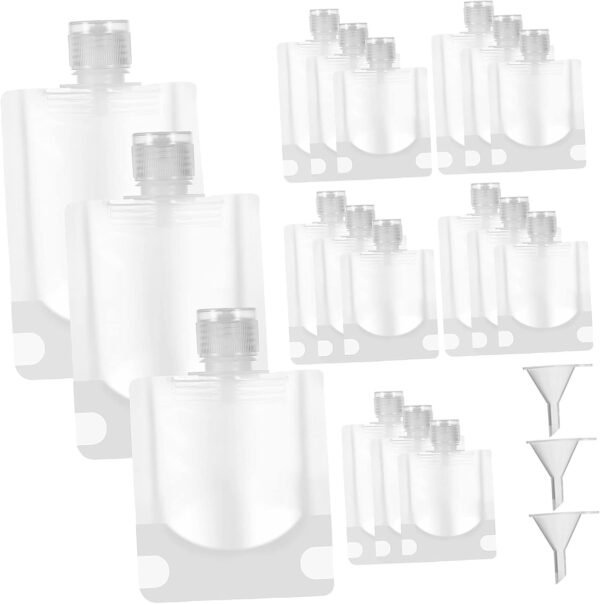 Healifty 18 Pcs Refillable Travel Container Bags with Funnels Lightweight Squeezable Cosmetic Bottles for Shampoo Conditioner Lotion Body Wash Portable Toiletry for Travel and Backpack