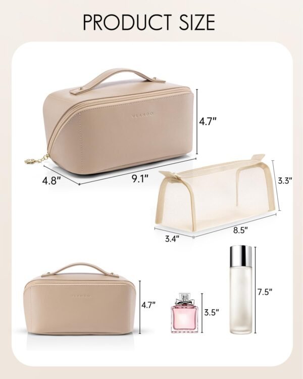 Vlando Makeup Bag,Gifts for Teachers,Large Capacity Toiletry Bag for Women Waterproof Portable Make up Pouch PU Leather Open Flat Cosmetic Bag(Toffee) - Image 4