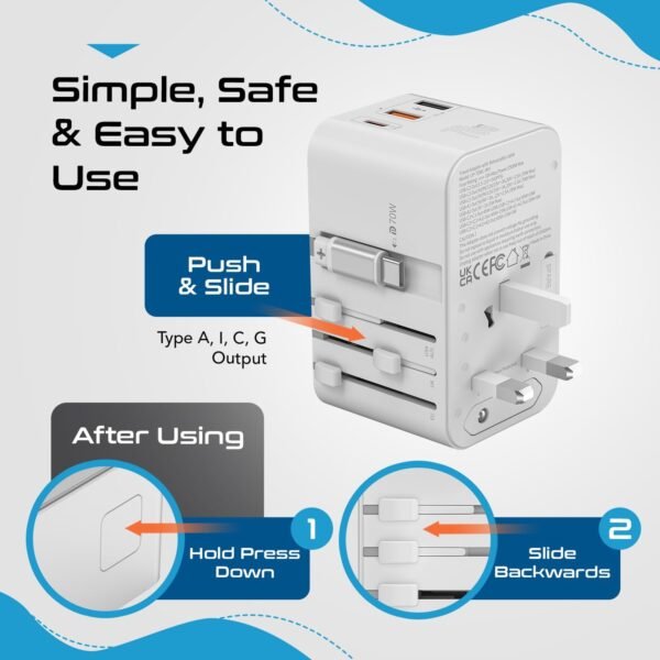 Ceptics GAN 70W Universal Travel Adapter with 65cm Retractable USB-C Cable, 2X USB-A (1x QC 3.0), 1x Type C Port (PD 70W), Universal Power Adapter with Type A, C, G, I Output - Image 8