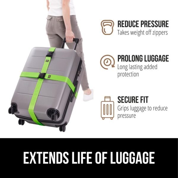 GORILLA GRIP Heavy Duty 4 Pack Adjustable Luggage Straps for Suitcases, Easy to Identify Travel Belt Connector Holds Suitcase Together, Extends Life of Bag, Strap Connects Two Bags, Accessories Green - Image 5