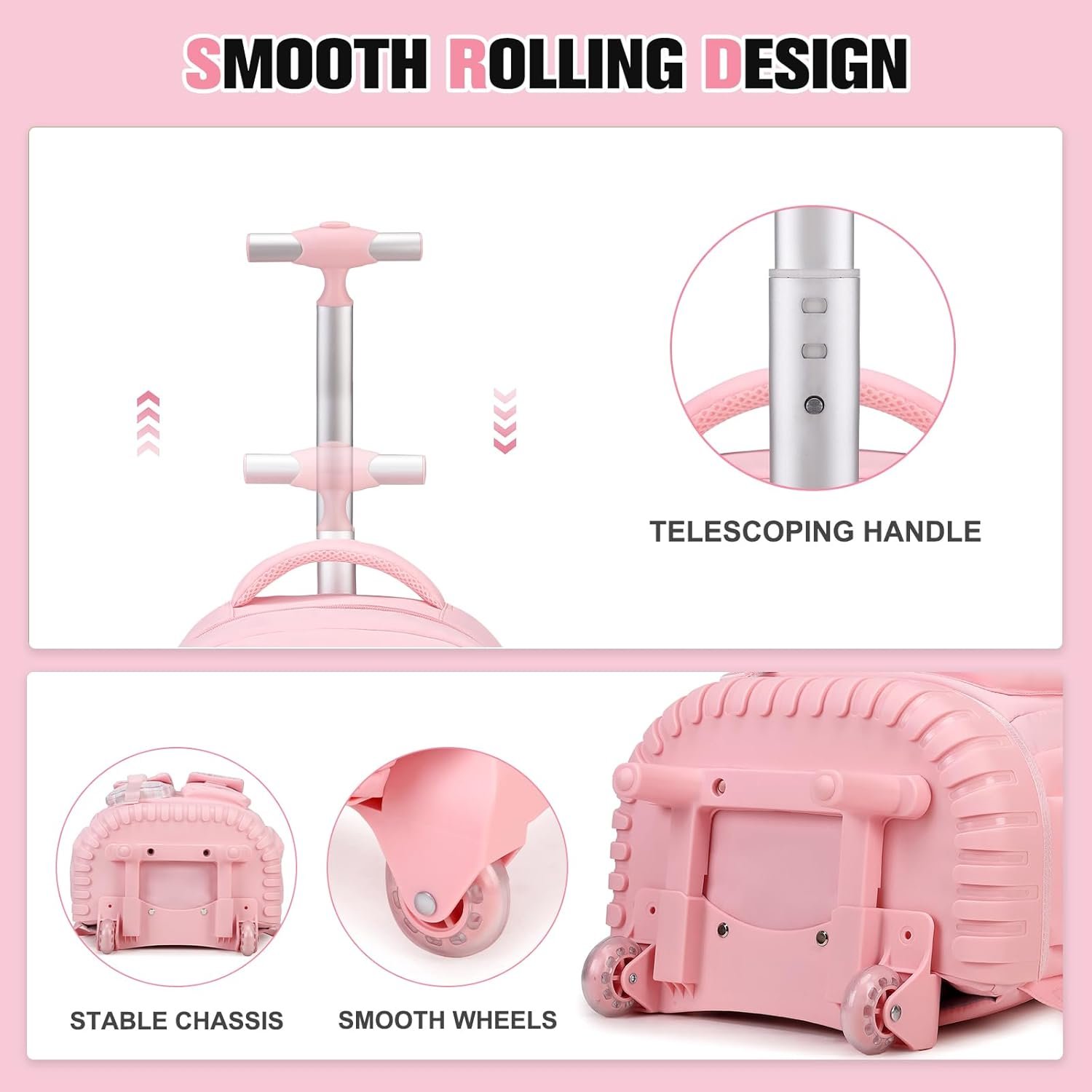 Rolling Backpack for Girls - Roller Wheels School Bookbag with Lunch Bag & Pencil Pouch for Teen Girls Kids Wheeled Suitcase Backpacks, Elementary Middle School Travel Daypack (Pink) - Image 4