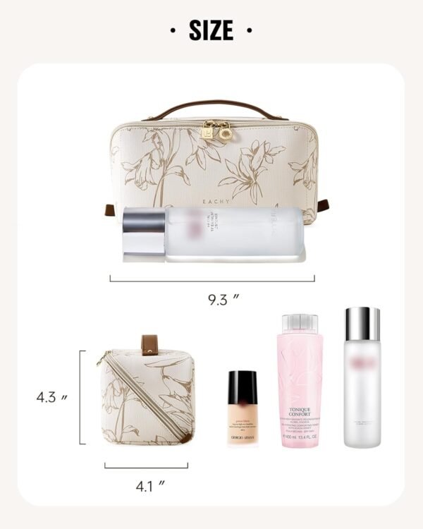 EACHY Travel Makeup Bag, Large Capacity Cosmetic Bags for Women, Waterproof Portable Pouch Open Flat Toiletry Bag Pattern Make up Bag (F-Beige) - Image 6