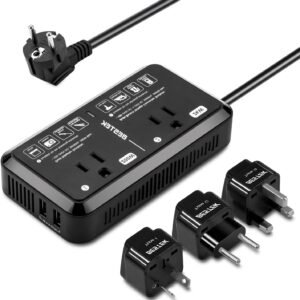 Universal Travel Adapter 220V to 110V Voltage Converter US to Europe 2000W Travel Voltage Converter with 2 USB Ports and EU/UK/AUS Plug Adapter for Hair Dryer/Curling Iron (Black)