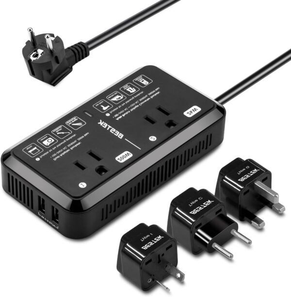 Universal Travel Adapter 220V to 110V Voltage Converter US to Europe 2000W Travel Voltage Converter with 2 USB Ports and EU/UK/AUS Plug Adapter for Hair Dryer/Curling Iron (Black)