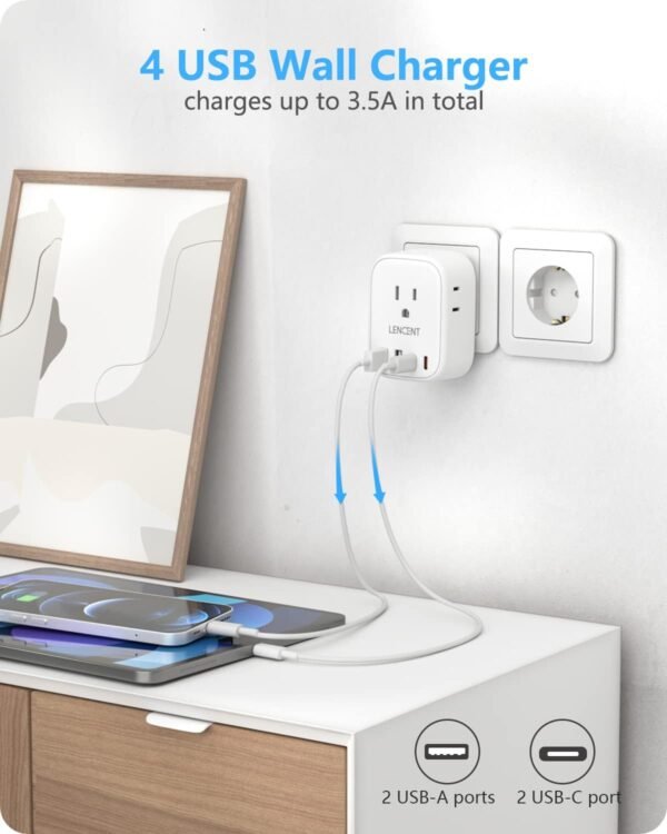2 Pack European Travel Plug Adapter, LENCENT US to Europe Type-C Foldable Power Plug with 4 Outlets 4 USB Ports (2 USB C), Power Adaptor for USA to EU Euro Iceland Spain Italy France Germany Greece - Image 5