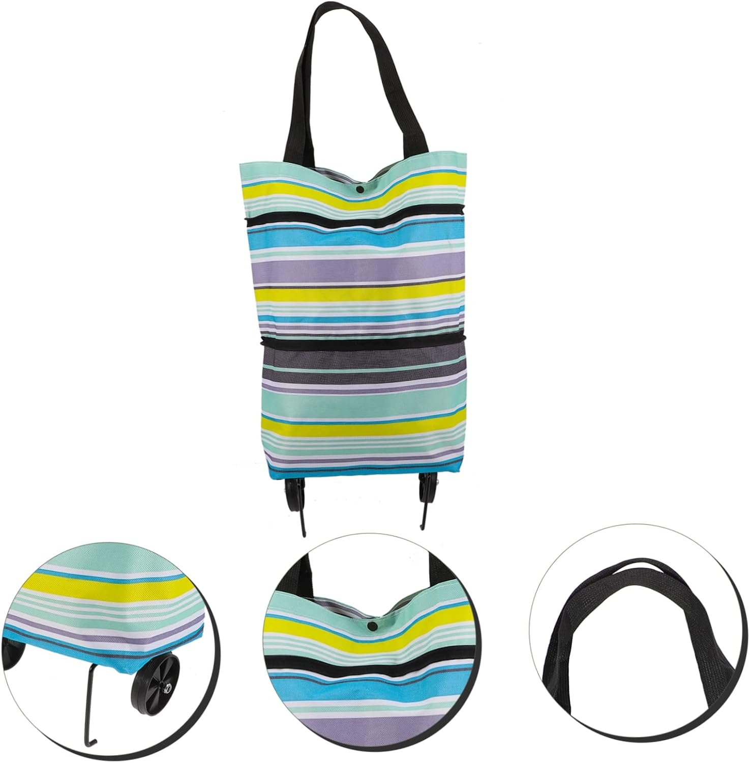 Collapsible Foldable Trolley Bag with Wheels Adjustable Handle Reusable Grocery Shopping Cart Storage for Laundry Fruits Vegetables Portable Foldable Shopping Tote Blue Stripe - Image 3