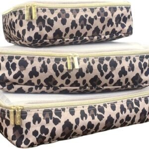 Itzy Ritzy Packing Cubes for Travel – Set of 3 Large Packing Cubes or Travel Organizers; Each Cube Features a Mesh Top, Double Zippers and a Fabric Handle; Large Sizes (Leopard)