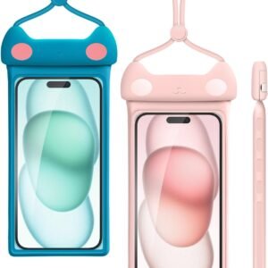 wellhouse Waterproof Phone Pouch, Waterproof Phone Case for iPhone 16 15 14 13 12 Pro Max XS Samsung, IPX8 3D Cellphone Dry Bag Beach Essentials (2 Pack – Meow Pink & Blue7.0, 7 inch)