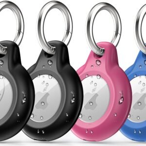 4 Pack IPX8 Waterproof Airtag Keychain with Airtag Holder Case,Full Body Shockproof,Anti-Scratch Cover Air tag for Cat,Dog,Keys,Luggage,Wallet（Black&Rose Pink&Blue&Black）