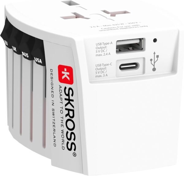 SKROSS Universal Travel Plug with USB and USB C, 1.302962, White