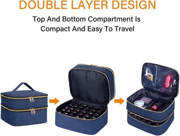 Nail Polish Organizer Bag Double Layer Capacity Portable Travel Storage Case Holds 30 Bottles (15 ml/0.51 floz) Nail Supplies Holder Bag Designed for Nail Tools Blue - Image 4