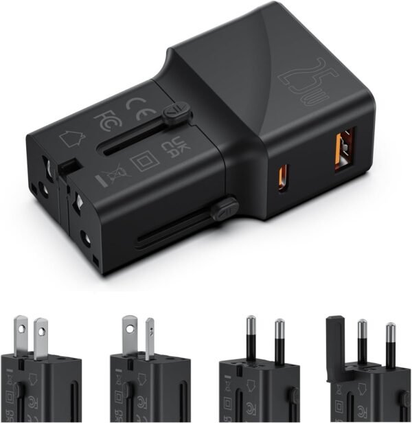 SooPii Gan Charger 25W,Universal Travel Adapter,USB-C PD PPS & USB-A QC Fast Charger, All-in-One Travel Charger with US UK EU AU Plug for iPhone 16/15,Galaxy S25 /S24,iPad and More