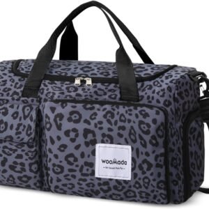 WOOMADA Foldable Travel Duffel Bag with Shoes Compartment, Overnight Bag with Wet Pocket & Trolley Sleeve, Weekender Bags for Women(B-black leopard)