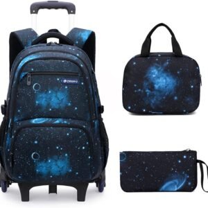 Mildame Galaxy Print Rolling Backpack for School Boys Girls with Lunch Bag Teens Bookbag with Wheels Kids Trolley Bag Set, Six Wheels