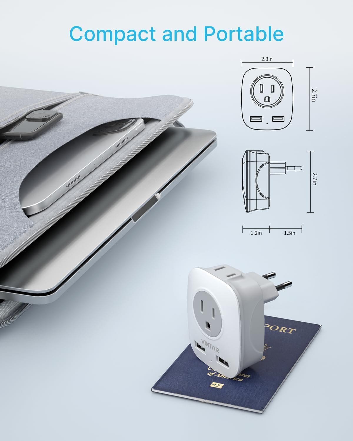 2 Pack European Travel Plug Adapter, VINTAR International Power Plug Adapter with 2 USB Ports,2 American Outlets- 4 in 1 Outlet Adapter,Travel Essentials to Italy,Greece,France, Spain (Type C) - Image 4