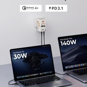 170W GaN Universal Travel Adapter, Worldwide All-in-One International Plug Power Adapter & Wall Charger with 3 USB-C & 1 USB-A (5A/28V) for Europe, USA, Japan, and Australia (Type C/A/G/I)