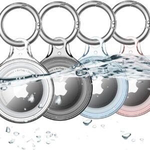 4 Pack Airtag Holder IPX8 Waterproof for Apple Air Tags with Keychain, Hard PC Cover [Anti-Scratch] for Air-Tag Item Finder GPS Tracker Case Key Chain, Clear/Black/Blue/Red