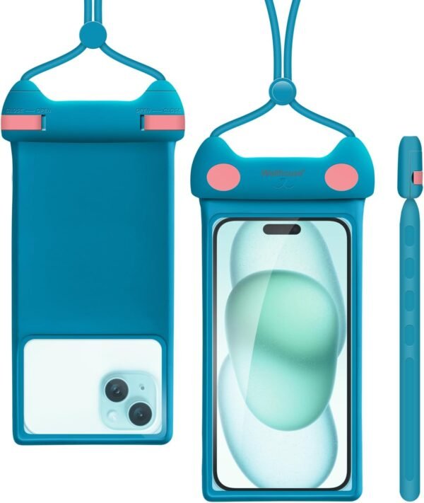 wellhouse Waterproof Phone Pouch, Waterproof Phone Case for iPhone 16 15 14 13 Pro Max XS Samsung, IPX8 3D Cellphone Dry Bag Beach Essentials -Kitten Blue