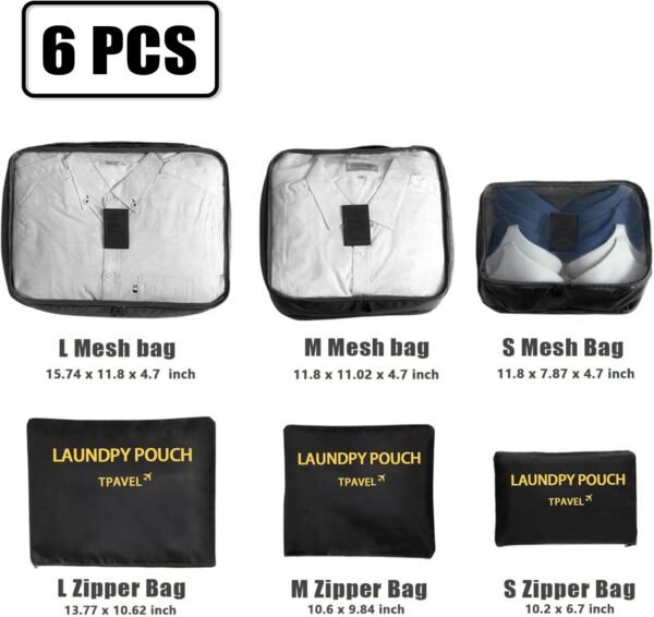 6 Set Packing Cubes for Travel Luggage Packing Bags Reusable Waterproof Suitcase Organizer Bags Set with Shoe Bag and Toiletry Bag (Black) - Image 2