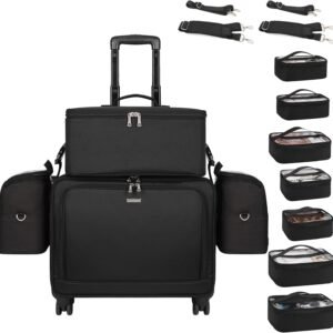 Rolling Makeup Bag Professional Makeup Artist Bags 4 in 1 Rolling Cosmetics Case Organizer Extra Large Trolley Travel Case with 360° Swivel Wheels and Adjustable Dividers