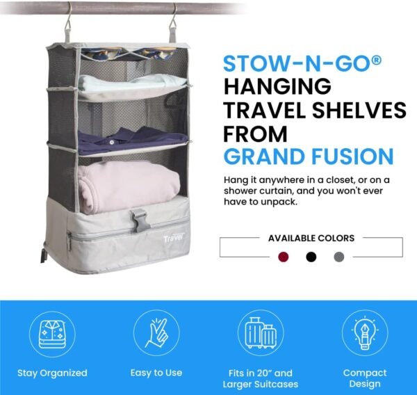 Stow-N-Go Portable Hanging Travel Shelves, Packing Organizer for Luggage. Carry on Closet with Hanger for Clothes. Expandable Packing Cube. Travel Essentials, Light Gray - L - Image 5