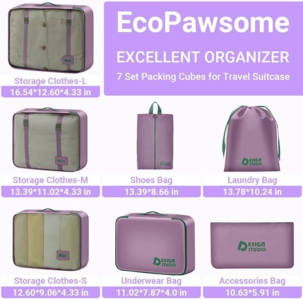 7 Set Packing Cubes for Travel Suitcase,Organizer Bags Set for Luggage (Purple) - Image 3