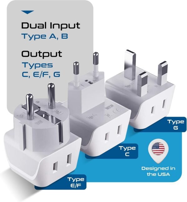 Ceptics Complete European Travel Adapter Set - 2 In 1 Usa to Europe, Germany, England, Spain, Italy, Iceland, France, (Type G, E/F, Type C) - 3 Pack, Safe Grounded Perfect for Cell Phones, Laptops - Image 3