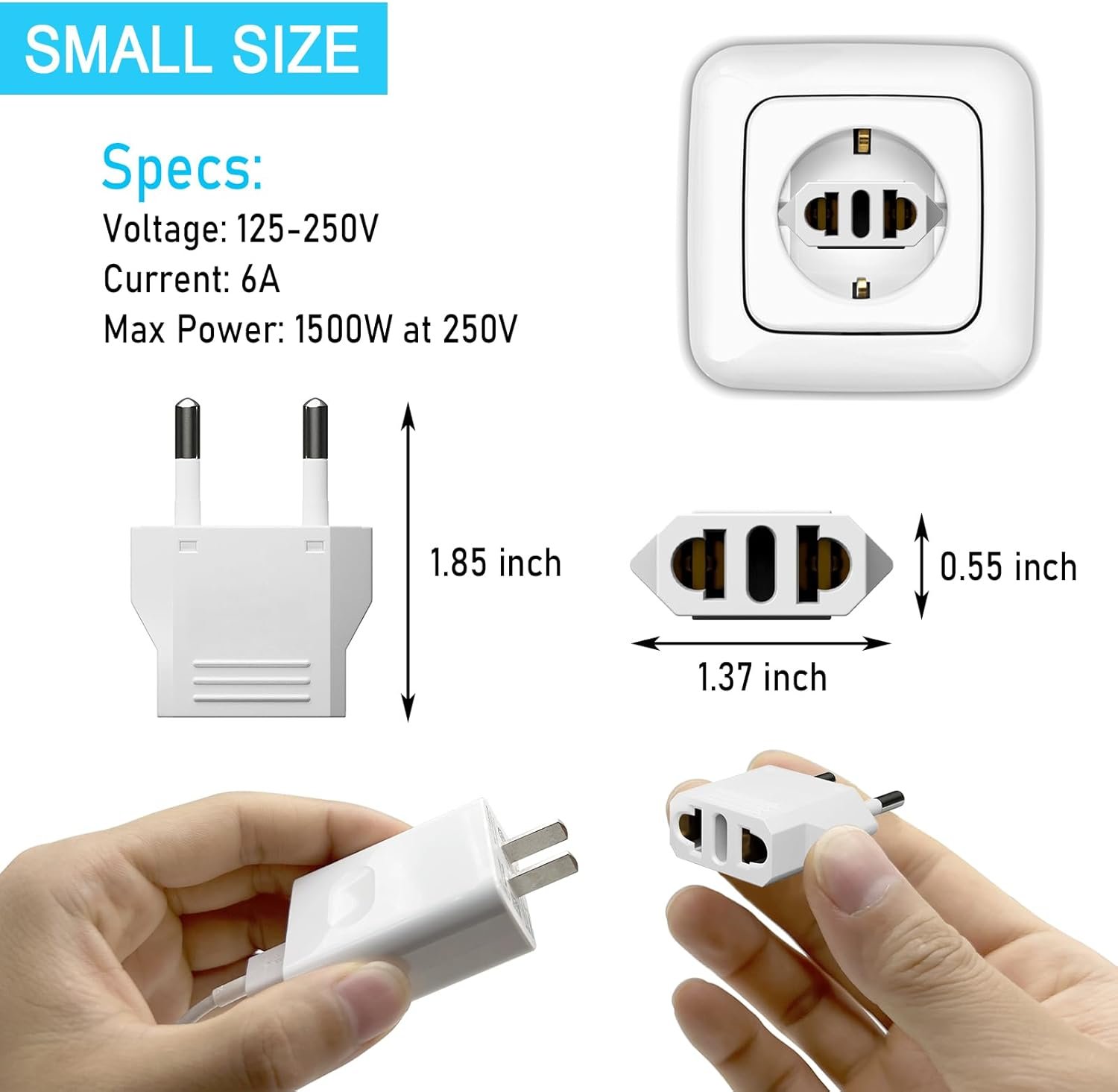6 Pack European Travel Plug Adapter, US to Europe Plug Adapter, Type C Wall Outlet Converter for Europe, White - Image 3