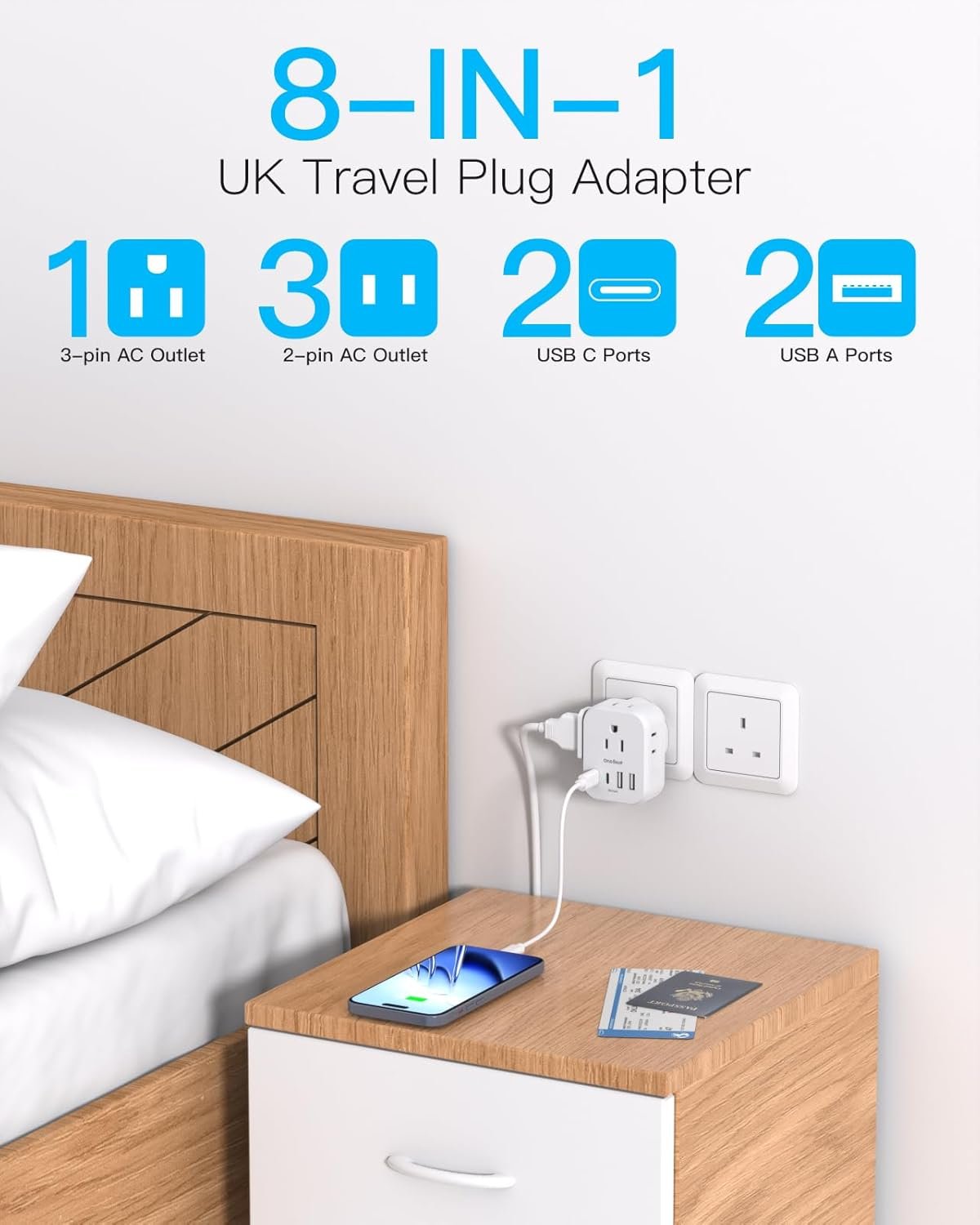 2 Pack PD 20W US to UK Ireland Travel Plug Adapter, Type G Power Adapter with 4 AC Outlets and 4 USB Ports (2 USB C), Travel Essentials for USA to Dubai Scotland British London England Hong Kong Irish - Image 2