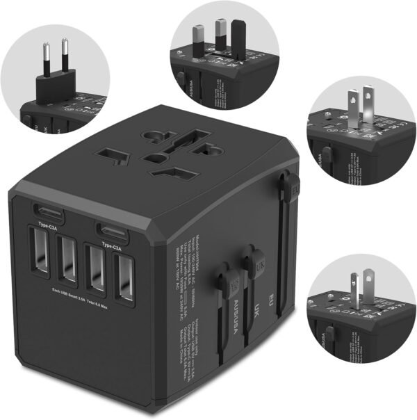 Universal Travel Adapter, 6-Port 6.0A 30W International Power Adapter with 4 USB-A, 2 USB-C Ports & 1 AC Outlet, European Travel Plug Adapter Travel Essentials(Type C/G/A/I)