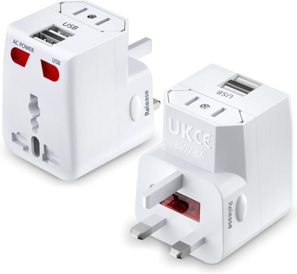 Universal Travel Adapter with Fast Charge,Worldwide Travel Plug Adapter with 2 USB Port and AC Socket (Travel Adapter White)