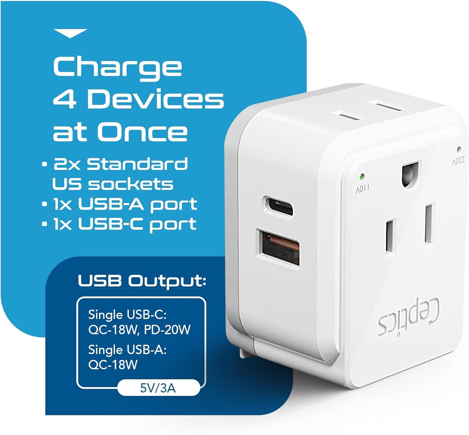 Ceptics World Power Plug Adapter Set, Dual USB & USB-C 3.1A, 20W with QC-PD, 2 USA Outlet Compact & Powerful, Use In Europe, Asia, Australia, Japan, Includes Type A, B, C, E/F, G, I SWadAPt Attachment - Image 6