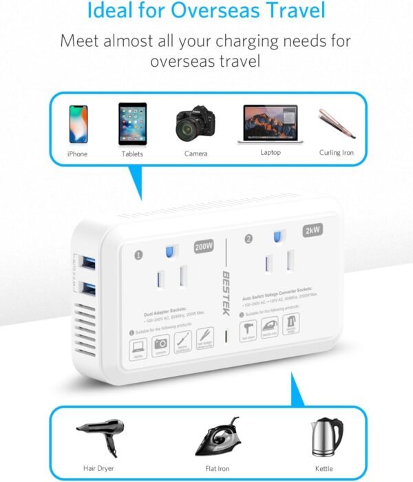 European Travel Plug Adapter 220V to 110V Voltage Converter US to Europe 2000W Electric Hair Dryer Step Down Outlet Converters for Europe Countries (White) - Image 5