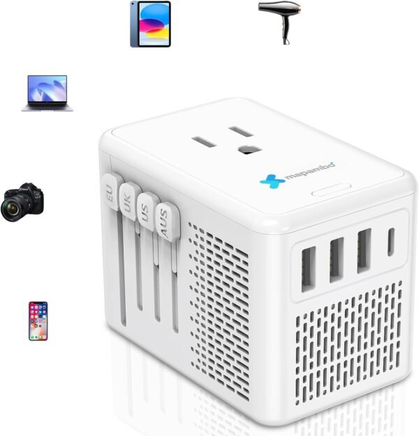 Mapambo Upgraded 220V to 110V Voltage Converter US to Europe Travel Adapter for Hair Dryers with Fast Charging International Universal Travel Adapter with 3 USB A and 1 USB C