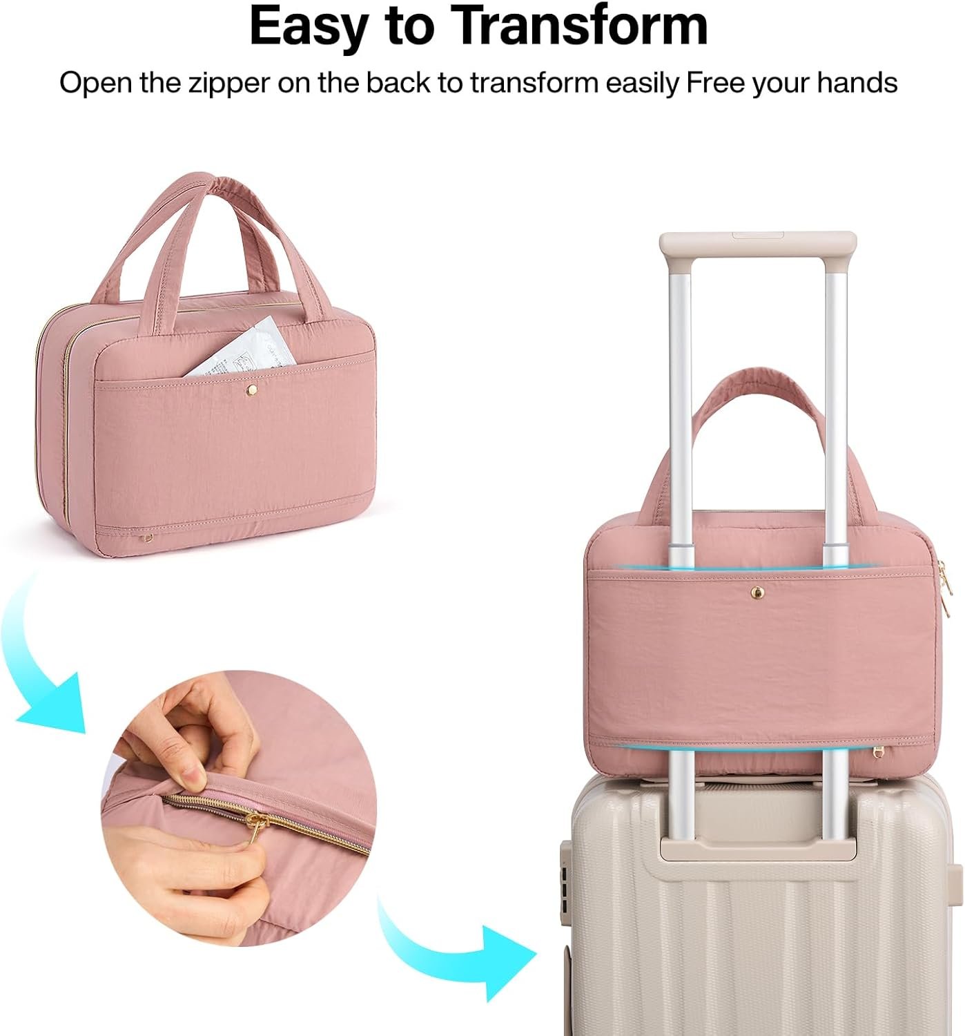 Hanke Hanging Travel Toiletry Bag for Women with Jewelry Organizer Compartment, Travel Essentials Toiletries and Makeup Bag, Water-Resistant & Stain-Resistant with Trolley Strap (Pink) - Image 8