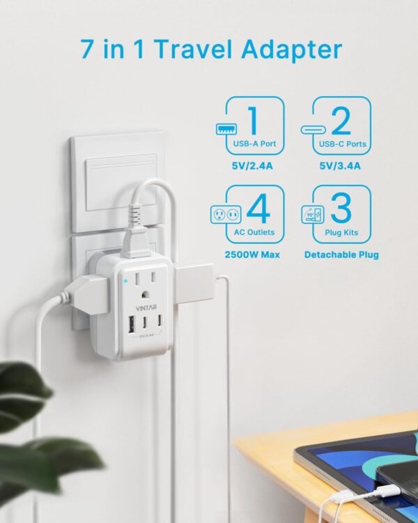 VINTAR European Travel Plug Adapter Kit, Adapter for Europe Plug with 3 USB Ports (2 USB C) 4 AC Outlets, Type C,G,E/F Detachable Attachments, International Power Adapter for Europe UK France Italy - Image 5