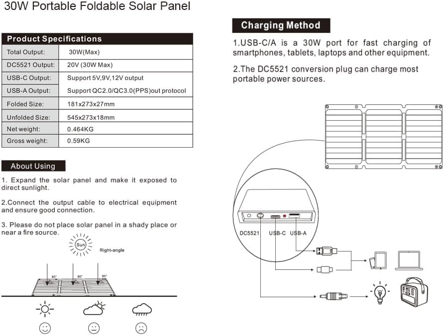 Portable Solar Panels 30W Foldable Solar Panel Charger for Cell Phone Pad Tablet,Type-c/USB/DC 19.5V Output(10 Connectors) >26% 30Watt ETFE High Efficiency IP65 for Camping Backpacking Travel - Image 8