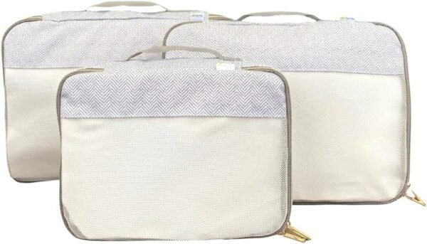 Itzy Ritzy Packing Cubes for Travel – Set of 3 Large Packing Cubes or Travel Organizers; Each Cube Features a Mesh Top, Double Zippers and a Fabric Handle; Large Sizes (Taupe)