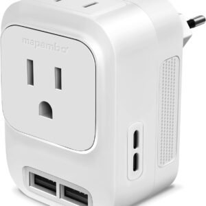 Mapambo 220V to 110V Voltage Converter US to Europe International Universal Travel Adapter with Fast Charging 2 USB-A 2 USB-C Port Worldwide Power Converters Plug Combo for Spain Italy