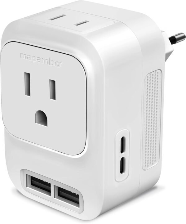 Mapambo 220V to 110V Voltage Converter US to Europe International Universal Travel Adapter with Fast Charging 2 USB-A 2 USB-C Port Worldwide Power Converters Plug Combo for Spain Italy