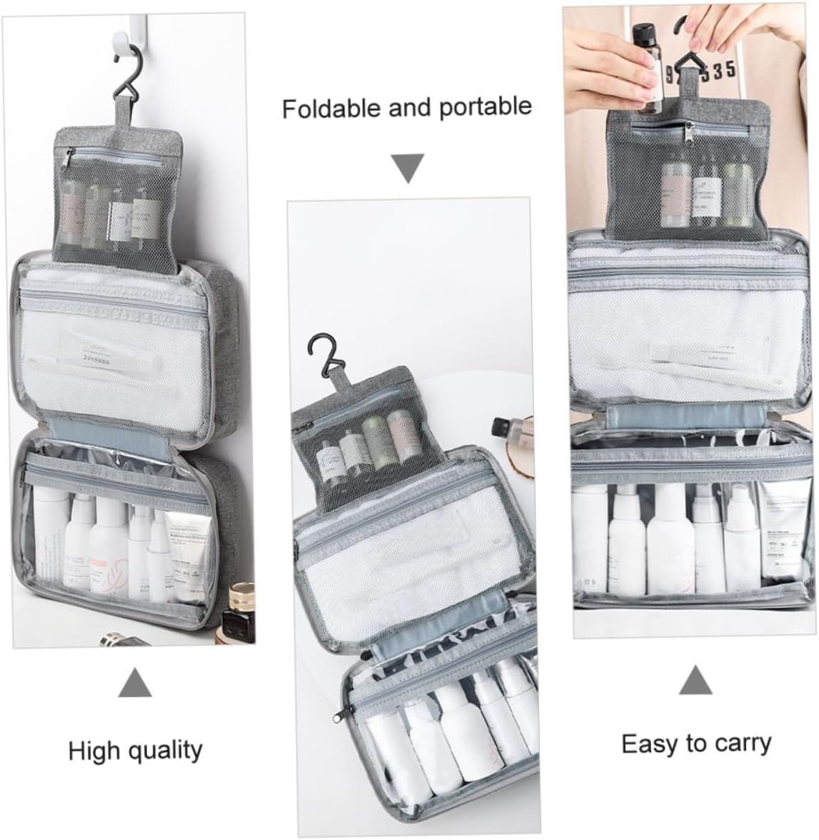 Healifty Hanging Travel Toiletry Bag Foldable Cosmetic Organizer with Transparent Wet Dry Compartment for Women Makeup Storage and Outdoor Gym Use - Image 4