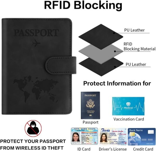 Passport Holder for Travel, Passport Cover Wallet, Premium PU Leather Passport Book Card Holder Case for Women Men, Waterproof RFID Blocking Flying Travelling Essentials Vacation Must Haves, Black - Image 4