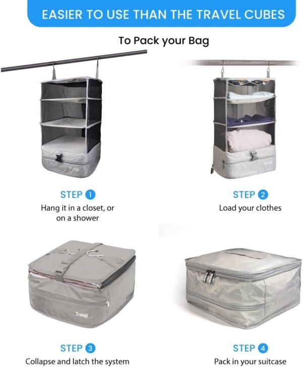 Stow-N-Go Portable Hanging Travel Shelves, Packing Organizer for Luggage. Carry on Closet with Hanger for Clothes. Expandable Packing Cube. Travel Essentials, Light Gray - L - Image 6