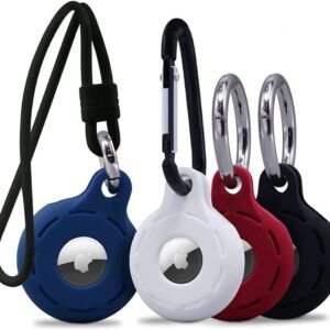 Apple Airtag Holders 4 Pack, Shockproof, Dustproof & Washable Silicon Cases for Air Tags with Accessories for Wallets, Luggage, Pet Collars, Key Finders (Blue – White – Red – Black)