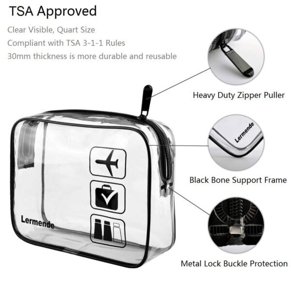 Lermende 2pcs Clear Toiletry Bag TSA Approved Travel Bag,Carry On for Travel,Airport Airline Accessories Compliant Bag,Quart Sized Makeup Cosmetic bag Women Men (Black, 2 Pack) - Image 3