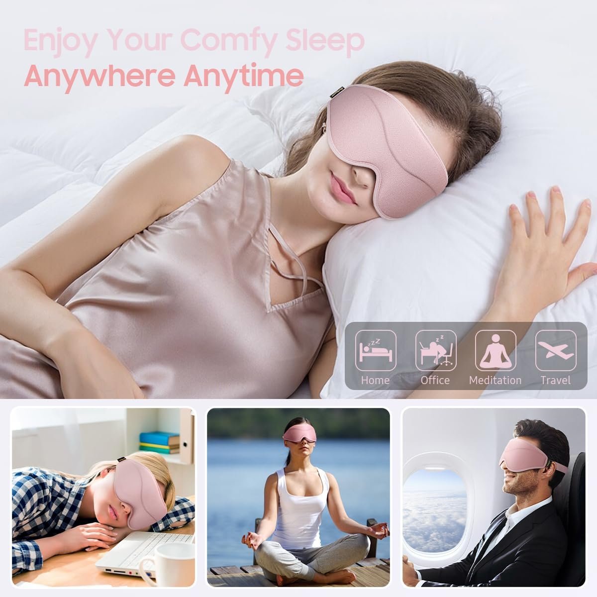 Sleep Mask, Premium Eye Mask for Sleeping, Total Blackout, Super Soft Comfort, Adjustable Fit, Upgraded 3D Ergonomic Designed Sleeping Mask for Home, Office, Travel, Meditation, Yoga, Pink - Image 7