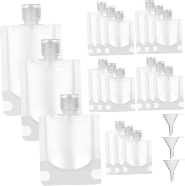18 Pcs Squeezable Travel Pouches with Funnels Portable Refillable Toiletry Containers in Multiple Transparent Leak Travel Bags for Shampoo Lotion Body Wash Tsa Approved