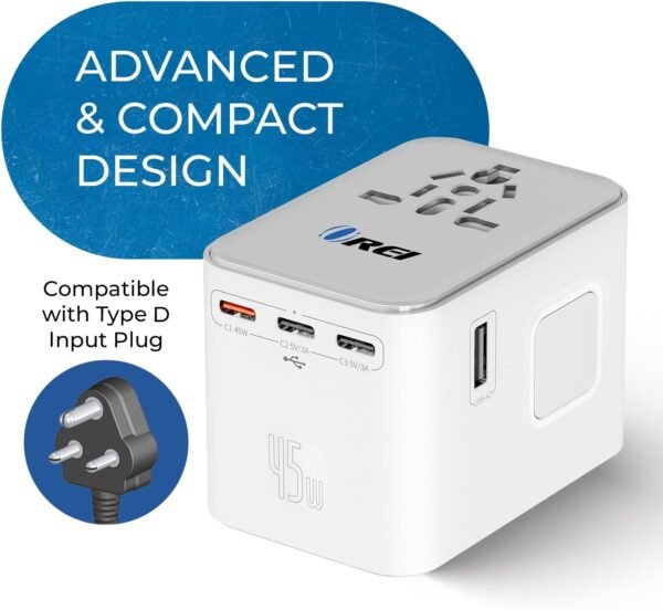 OREI 45Watt Universal Travel Adapter | 3X USBC 2XUSB A - 6-in-1 Universal Power Adapter | Universal Chargers for All Devices Compatible 150+ Countries | Type C, A, G, I Compatible - Image 3