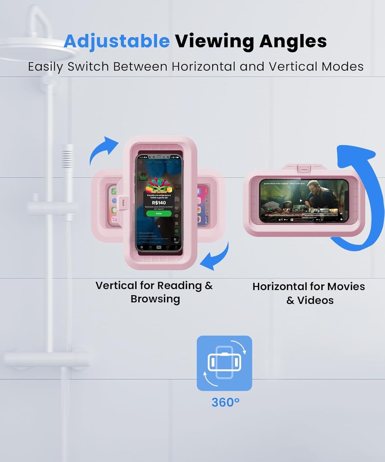 URROY Shower Phone Holder Waterproof One-Touch Open Shower Phone Case Anti-Fog & Sensitive Touchscreen Bathroom Wall Phone Mount Stand Universal Fit for iPhone & Smartphones Gift for Men Women Pink - Image 6