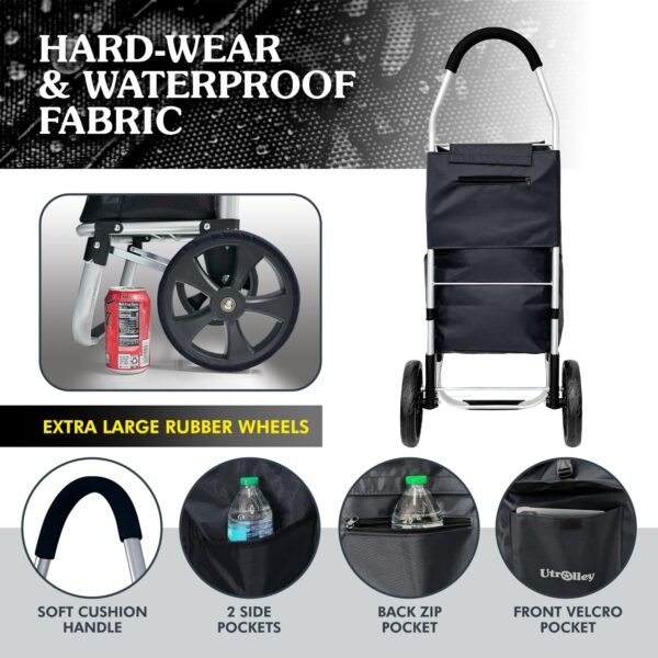 Ultra-Lightweight Black Foldable Shopping Cart for Groceries - Large 42L Capacity Soft Rolling Wheels, Removable Bag, Multi-Function Personal Hand Truck - Image 3